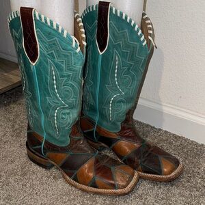 Patchwork Ariat Turquoise and Brown Western Cowboy Boots